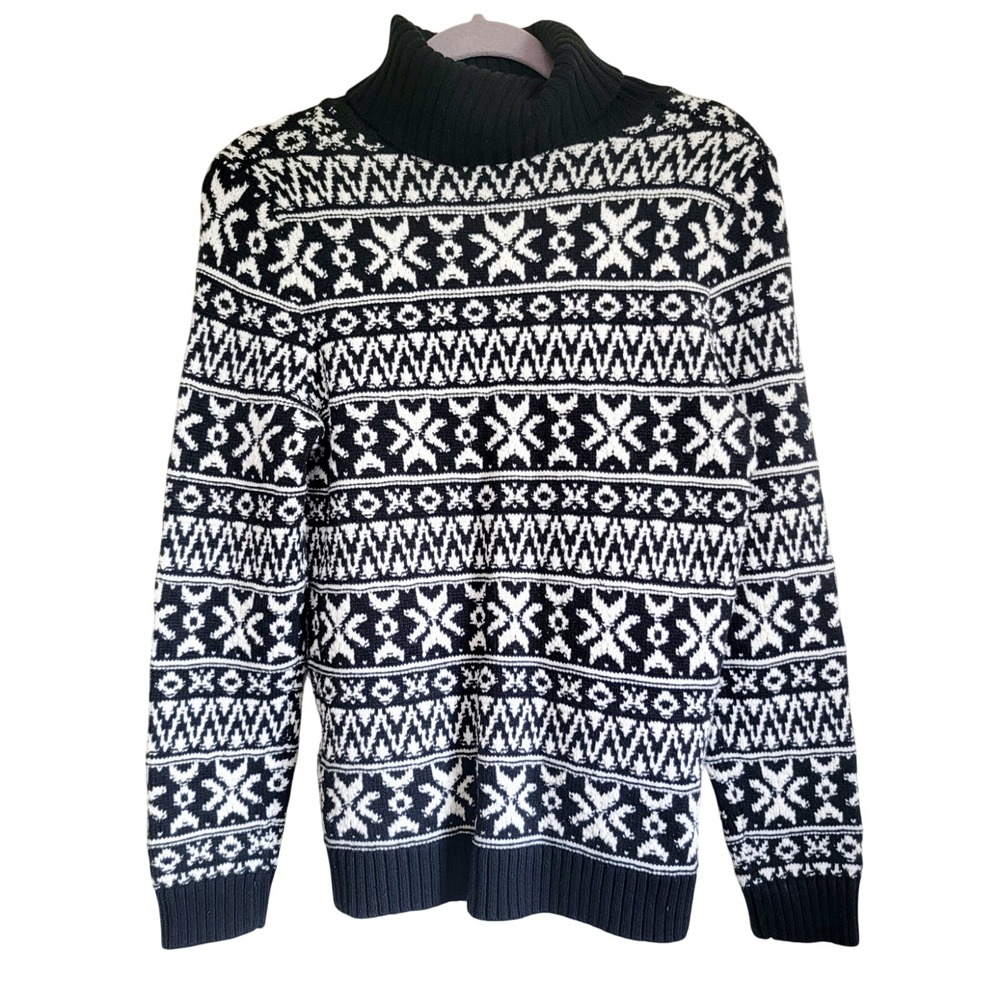 Lands End S Women's Fair Isle Snowflake Turtleneck Black White Heavy NEW
